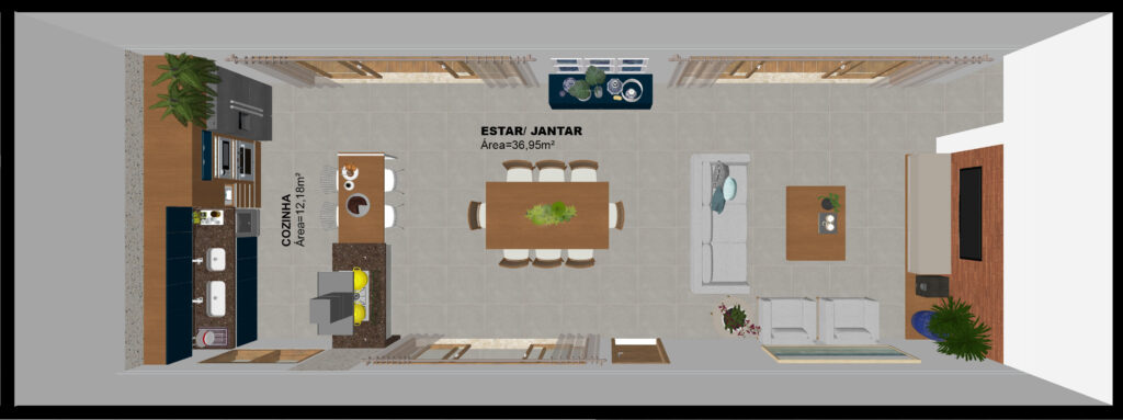 Planta da Sala de Estar, Jantar e Cozinha - Cactos Arquitetos no Conde