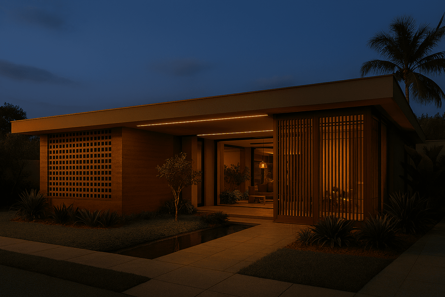 Casa térrea com pátio interno à noite, muxarabi de madeira com luz quente projetando sombras, taipa moderna e iluminação indireta no beiral.