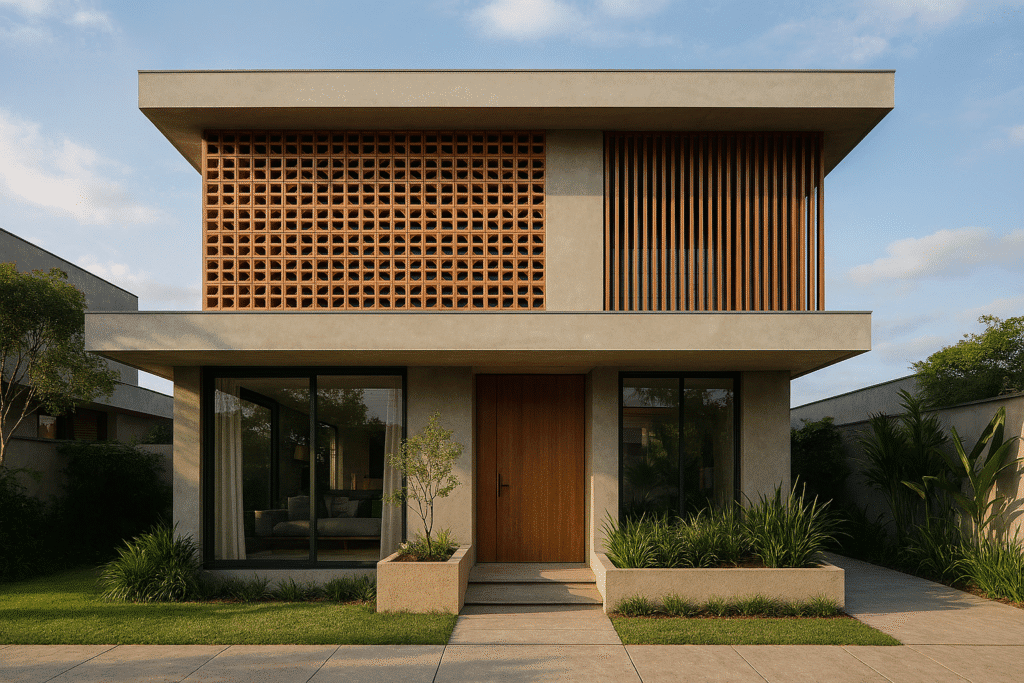 Fachada residencial contemporânea em João Pessoa com cobogós cerâmicos, brises de madeira e taipa de pilão moderna, rodeada por paisagismo tropical — projeto sustentável bioclimático.