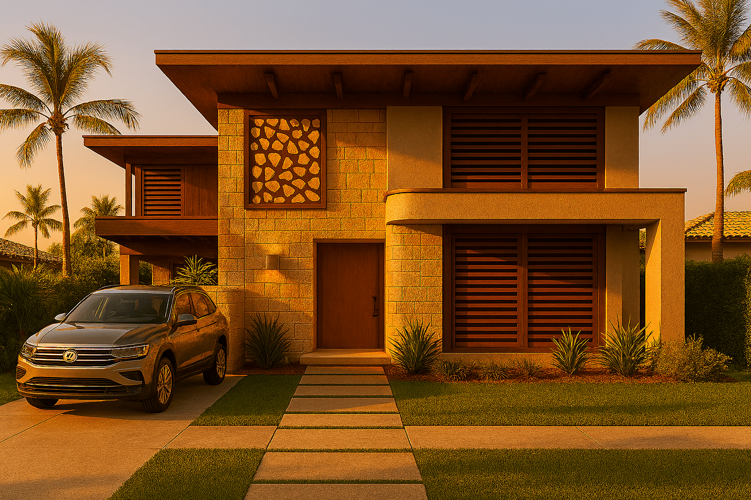 Estudo De Caso: Casa De 250M² No Condomínio Villas De Carapibus – Arquitetura Sustentável E Funcional No Conde, Pb 4 Cactos Arquitetos Em Campina Grande Projeto em Villas de Carapibus - Casa de praia com fachada no final da tarde - Cactos Arquitetos em Carapibus
