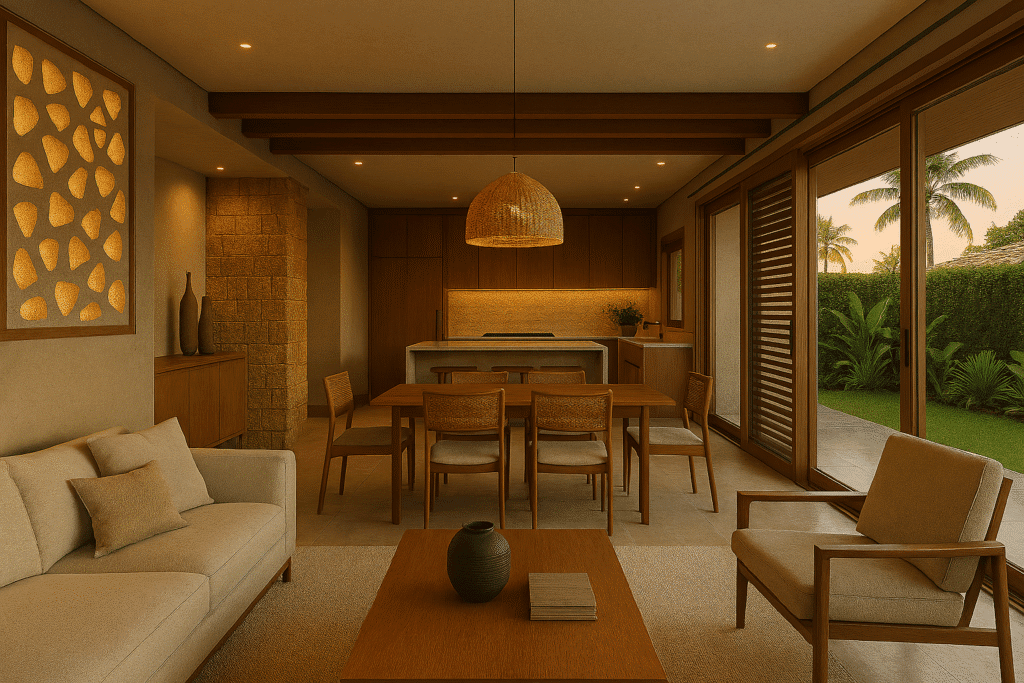 Estudo De Caso: Casa De 250M² No Condomínio Villas De Carapibus – Arquitetura Sustentável E Funcional No Conde, Pb 5 Cactos Arquitetos Em Campina Grande Sala de Estar e Jantar com ilha na cozinha em pedra natural - Cactos Arquitetos em Carapibus