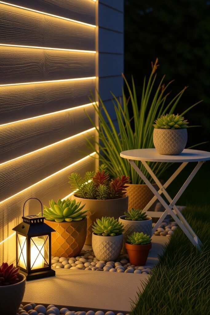5 Ideias Criativas Para Transformar Espaços Pequenos Em Jardins Dos Sonhos 13 Cactos Arquitetos Em Campina Grande jardim pequeno a noite com fitas de led e uma lanterna solar com vasos de suculentas | Cactos Arquitetos em Campina Grande