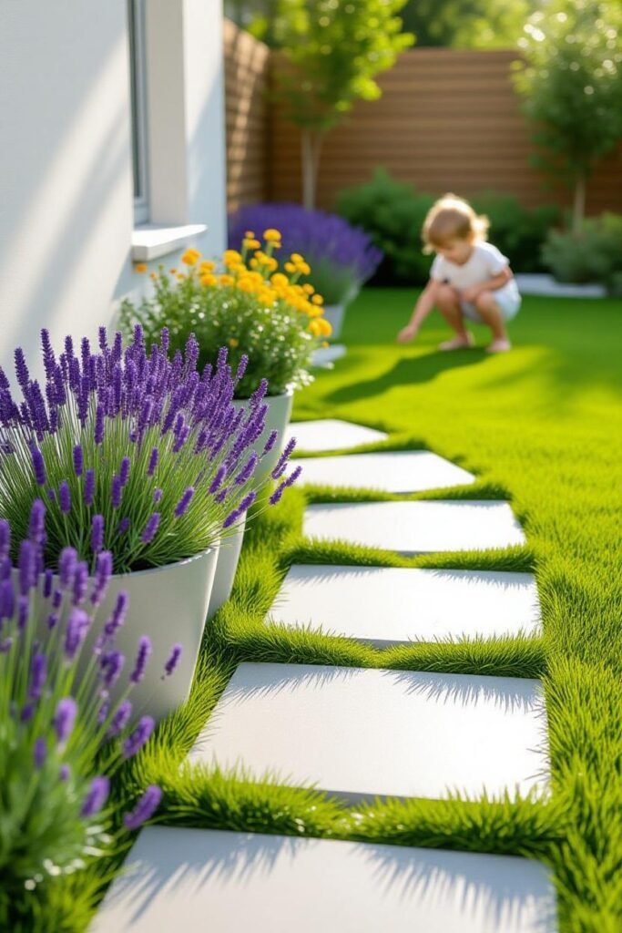 5 Ideias Criativas Para Transformar Espaços Pequenos Em Jardins Dos Sonhos 11 Cactos Arquitetos Em Campina Grande jardim pequeno com grama sintética e vasos com lavandas