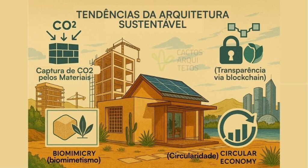 Canteiro futurista de arquitetura sustentável em Campina Grande, Paraíba, com materiais que capturam CO₂, transparência por blockchain, isolantes de cânhamo biomiméticos e economia circular; edifícios em construção com tecnologias avançadas, gráficos de crescimento e vegetação da caatinga ao redor.