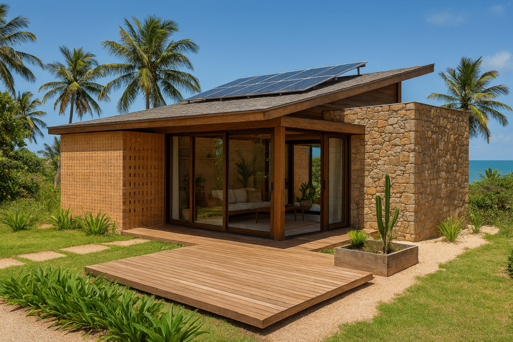 Casa de praia sustentável em João Pessoa, com paredes de cal e cobogós, brises de madeira, painéis solares e jardim com vegetação nativa; fachada iluminada pelo sol da tarde.