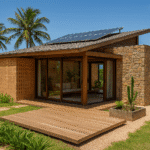 Casa de praia sustentável em João Pessoa, com paredes de cal e cobogós, brises de madeira, painéis solares e jardim com vegetação nativa; fachada iluminada pelo sol da tarde.