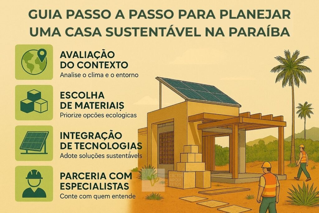 Infográfico em cinco etapas para planejar uma casa sustentável na Paraíba: avaliação de contexto climático, escolha de materiais locais, integração de tecnologias (solar, captação de chuva, ventilação), parceria com especialistas e execução; cena com casa em construção em Conde, dunas, coqueiros e mar ao fundo.