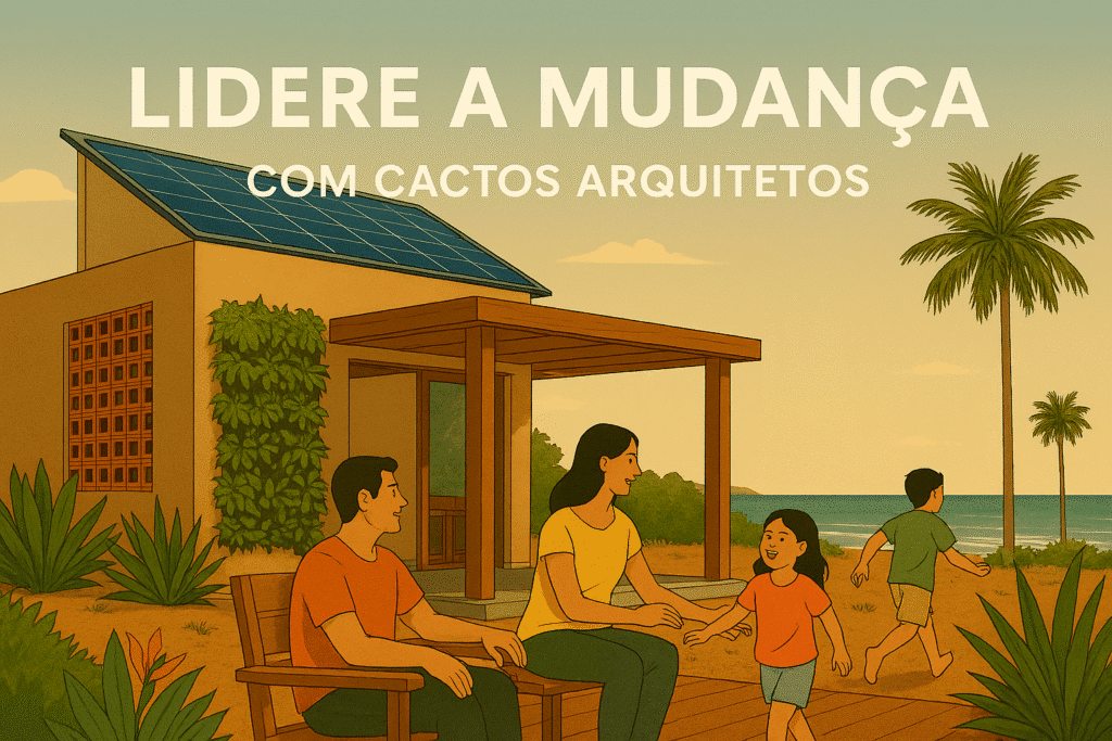 Família desfrutando de casa de praia sustentável na Paraíba, com jardim vertical, painéis solares e vista para o mar ao pôr do sol, com a mensagem ‘Lidere a Mudança com Cactos Arquitetos’.