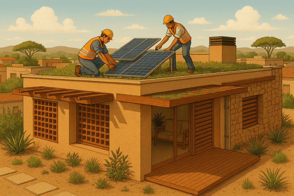 construção sustentável na Paraíba, mostrando painéis solares, telhados verdes e ventilação natural em uma residência urbana em Campina Grande