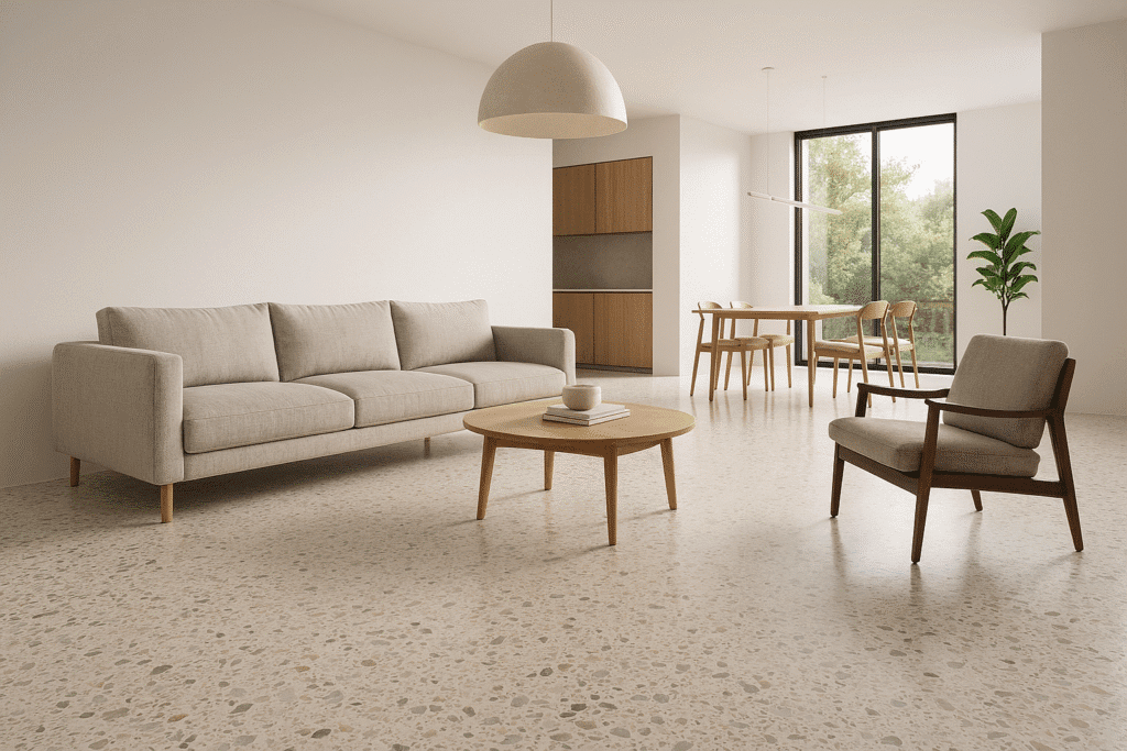 Foto de um ambiente moderno com piso de terrazzo polido, tons claros, móveis minimalistas, iluminação natural suave, estilo contemporâneo. Cactos Arquitetos Campina Grande