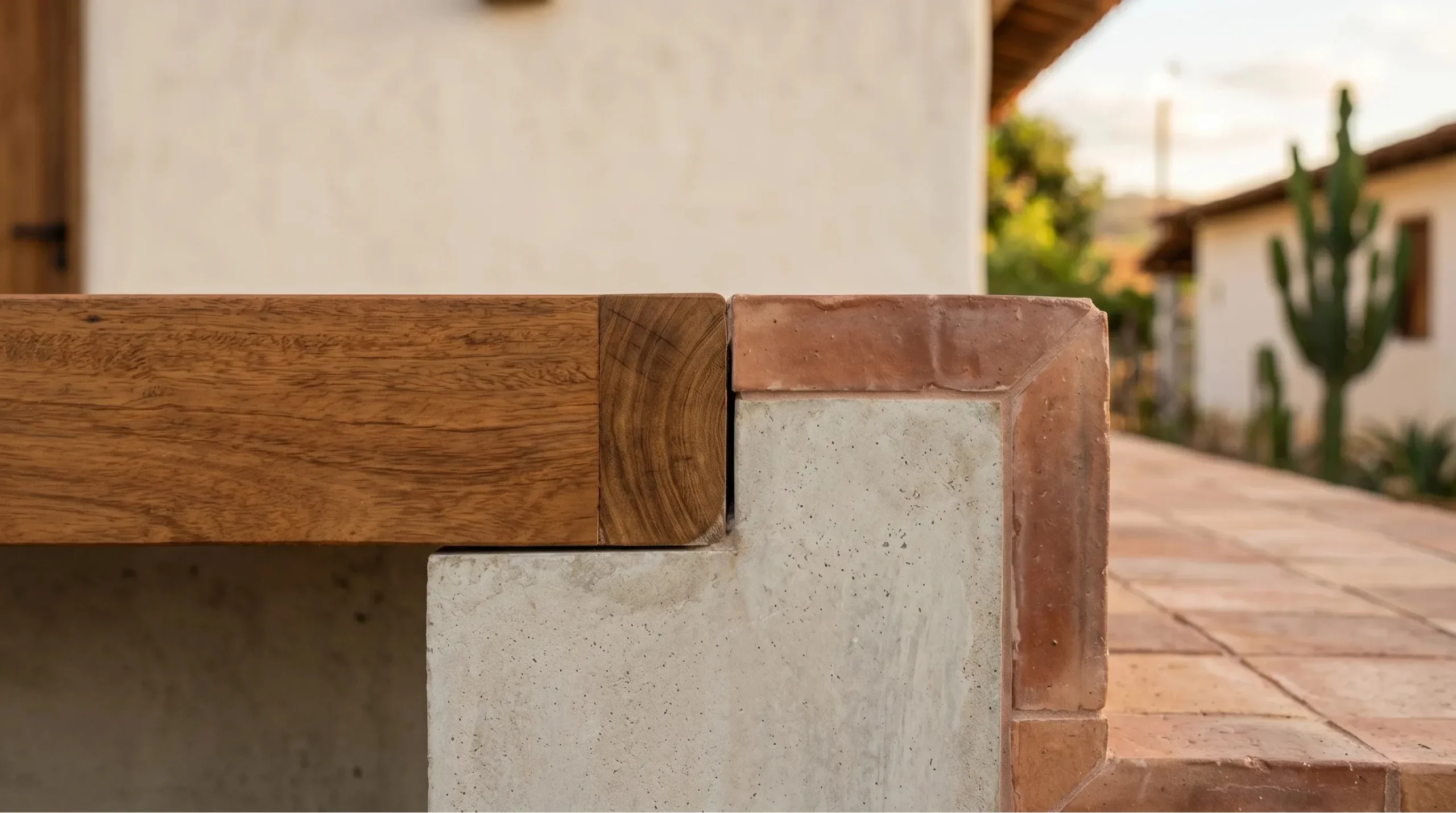 Encontro de materiais — madeira, concreto e cerâmica